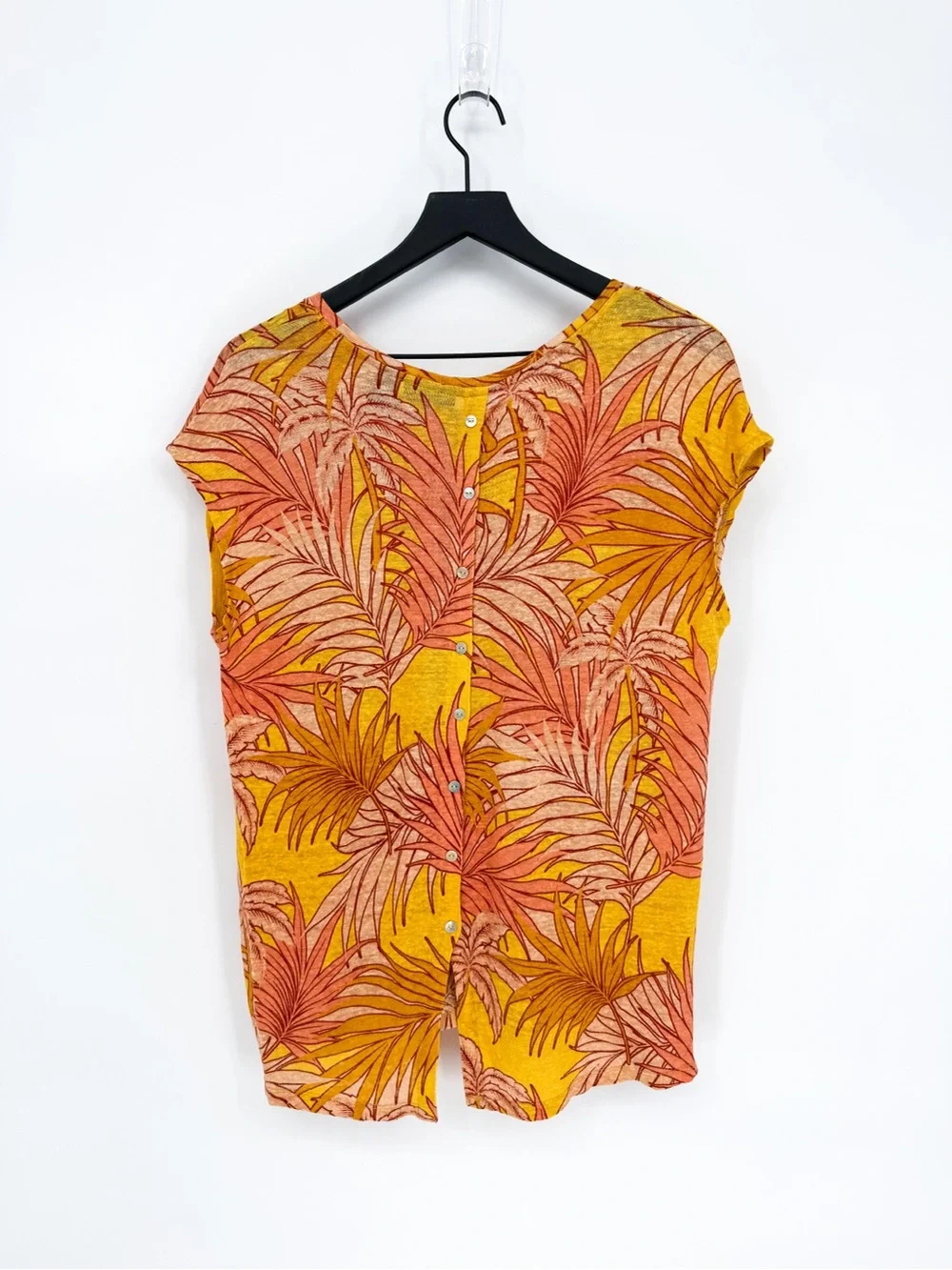 Tahari 100% Linen Tropical Palm Print Top Button Back Yellow XL